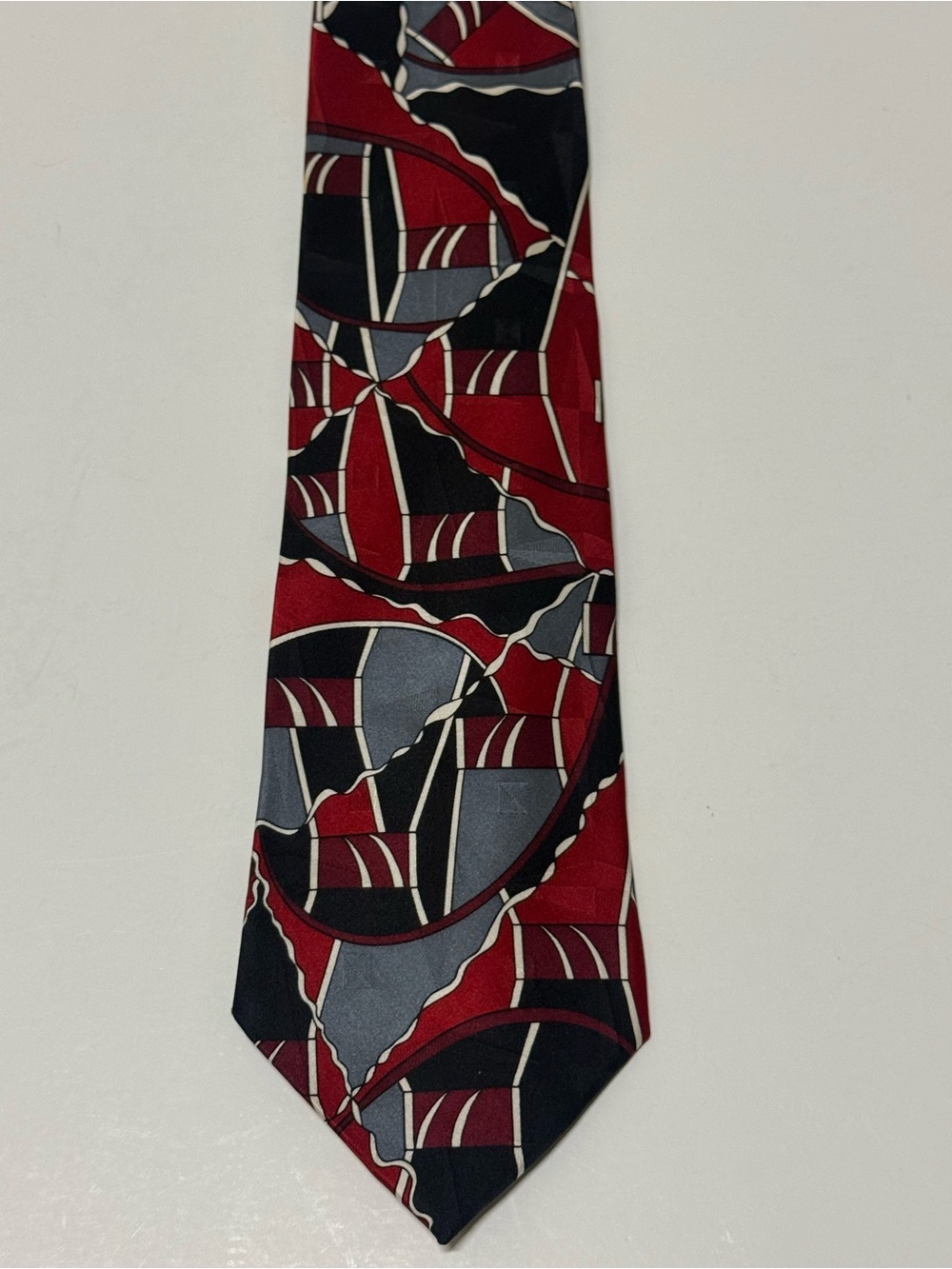 Vintage Screenplay By Martin Wong Abstract Geometric Tie Silk Red, Black, Gray